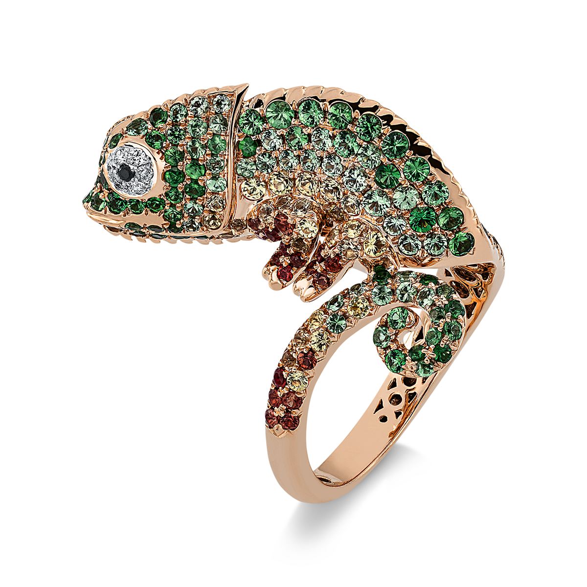 diamond full cut tsavorite animal ring in red gold / white gold