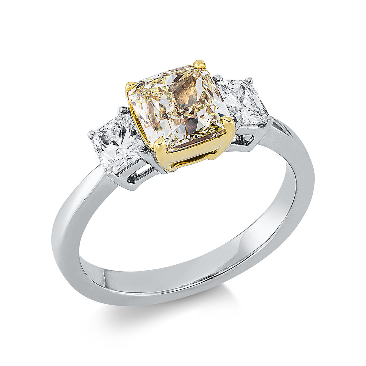 radiant cut fancy colored diamond ring in white gold / yellow gold