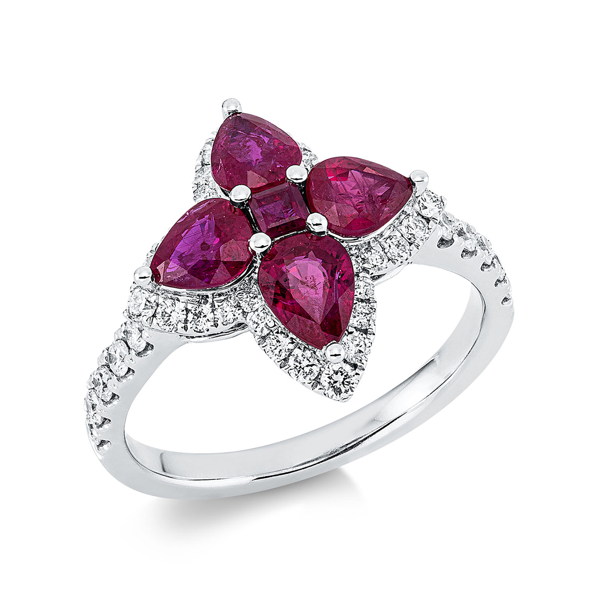diamond full cut ruby colored stone classic ring in white gold
