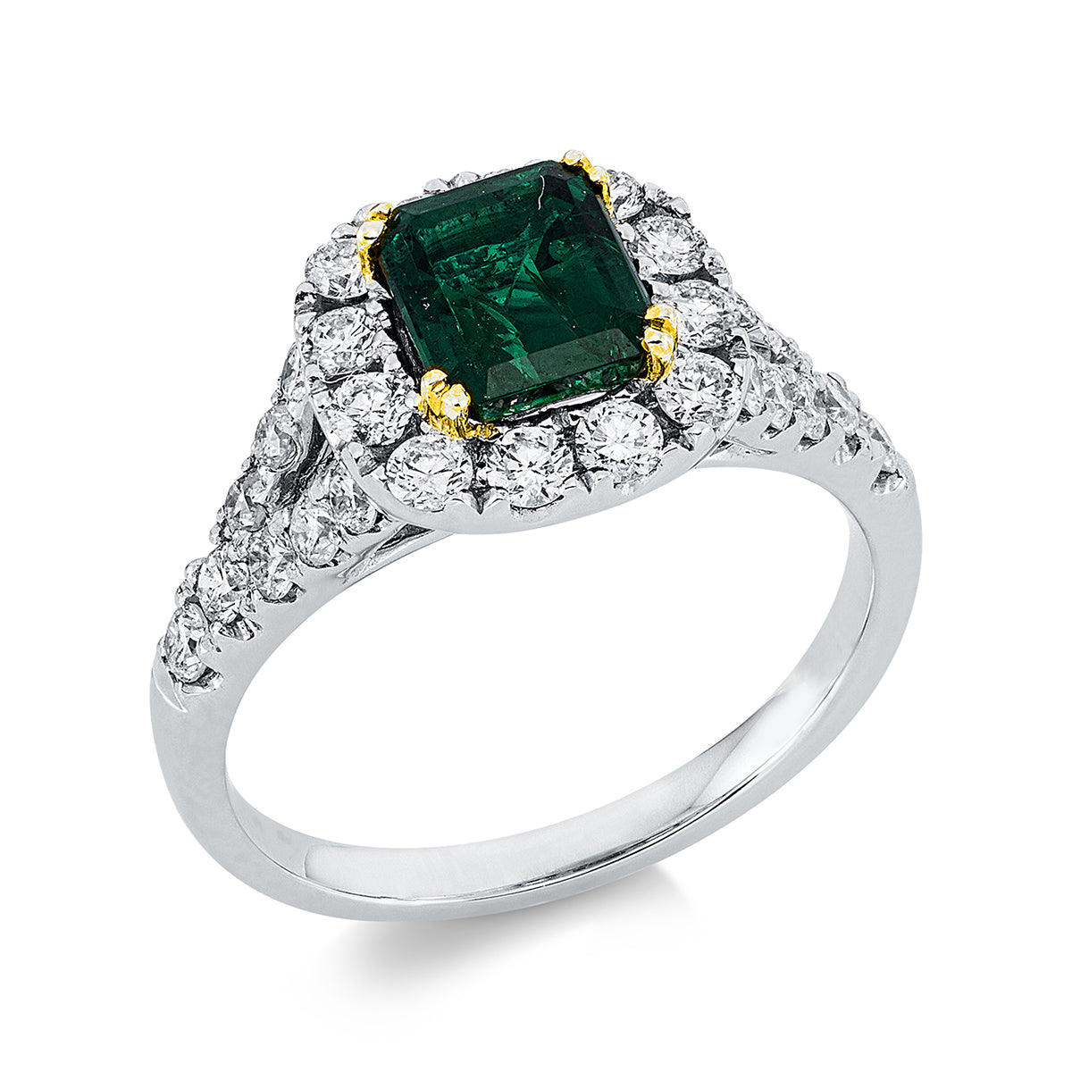 diamond full cut emerald colored stone classic ring in white gold / yellow gold