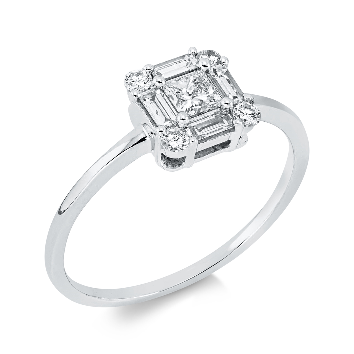 diamond full cut baguette illusion ring in white gold