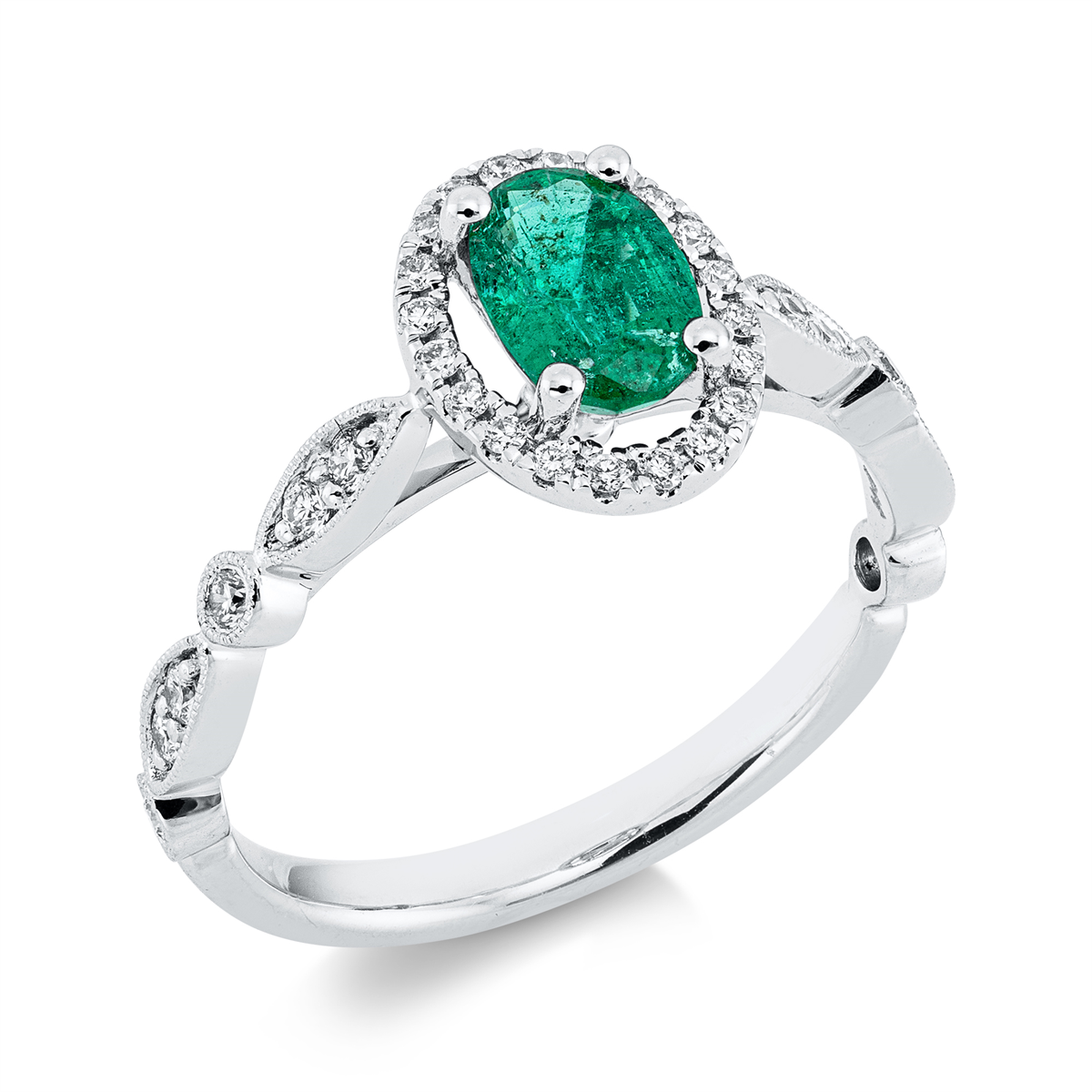 diamond full cut emerald colored stone classic ring in white gold