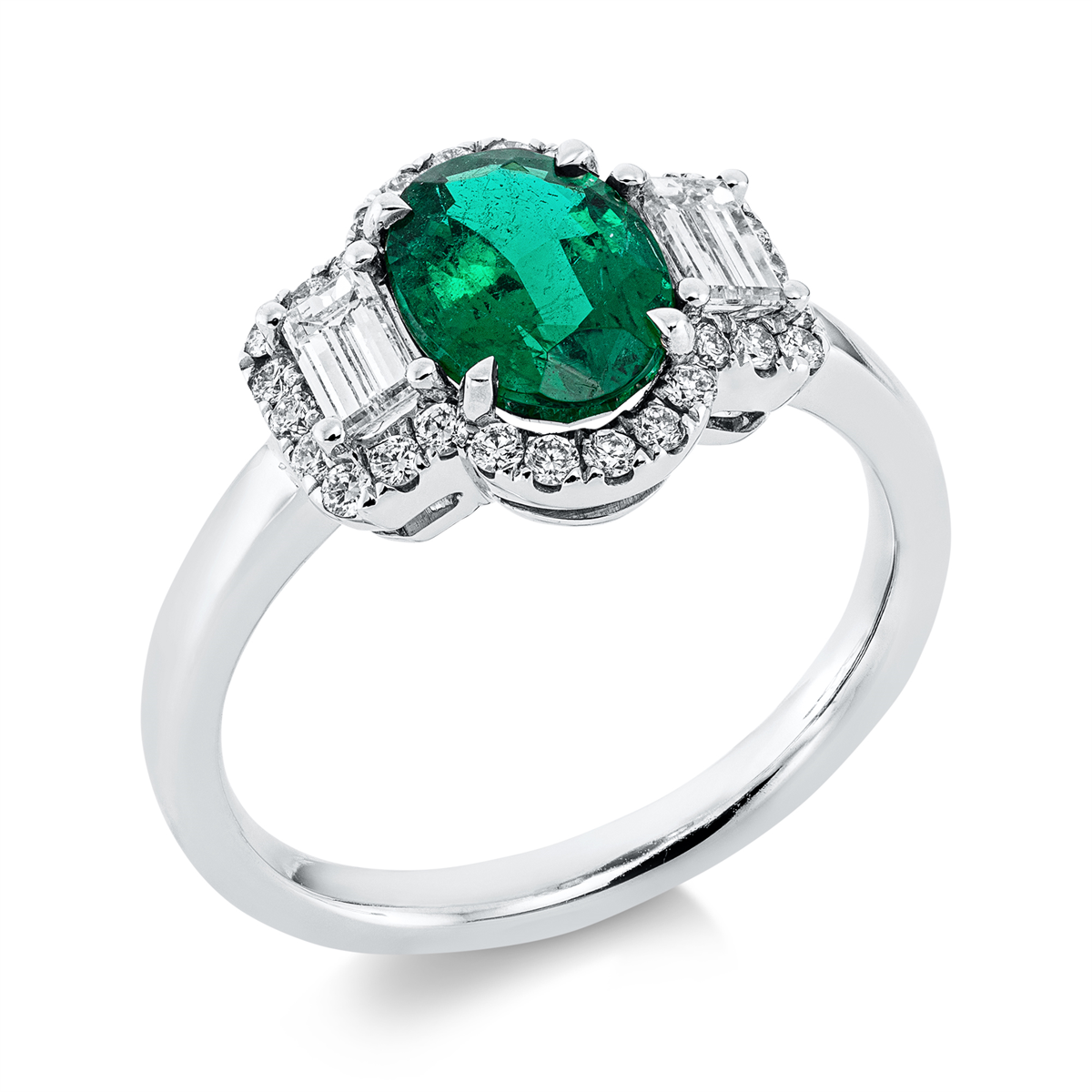 diamond full cut emerald colored stone classic ring in white gold
