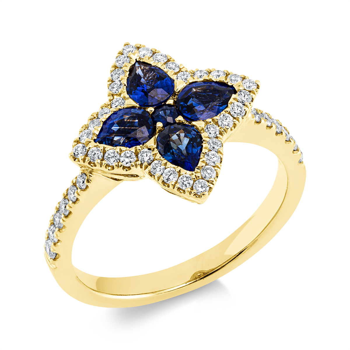 diamond full cut sapphire colored stone classic ring in yellow gold