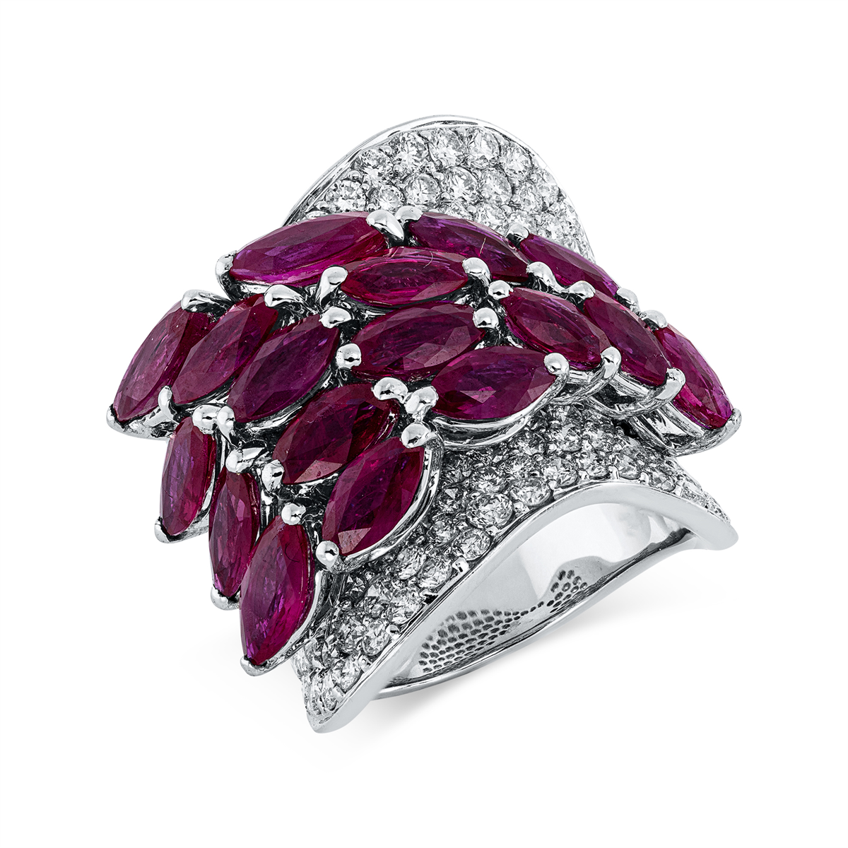 diamond full cut ruby colored stone classic ring in white gold