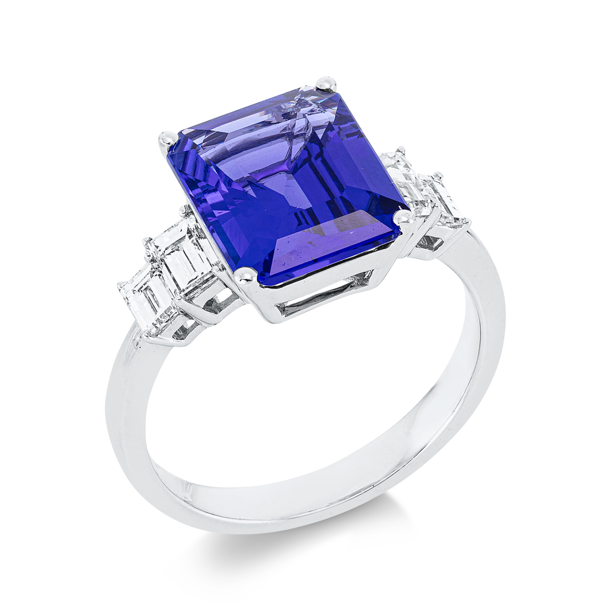 baguette tanzanite colored stone classic ring in white gold