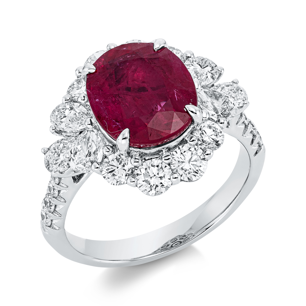 diamond full cut ruby colored stone classic ring in white gold