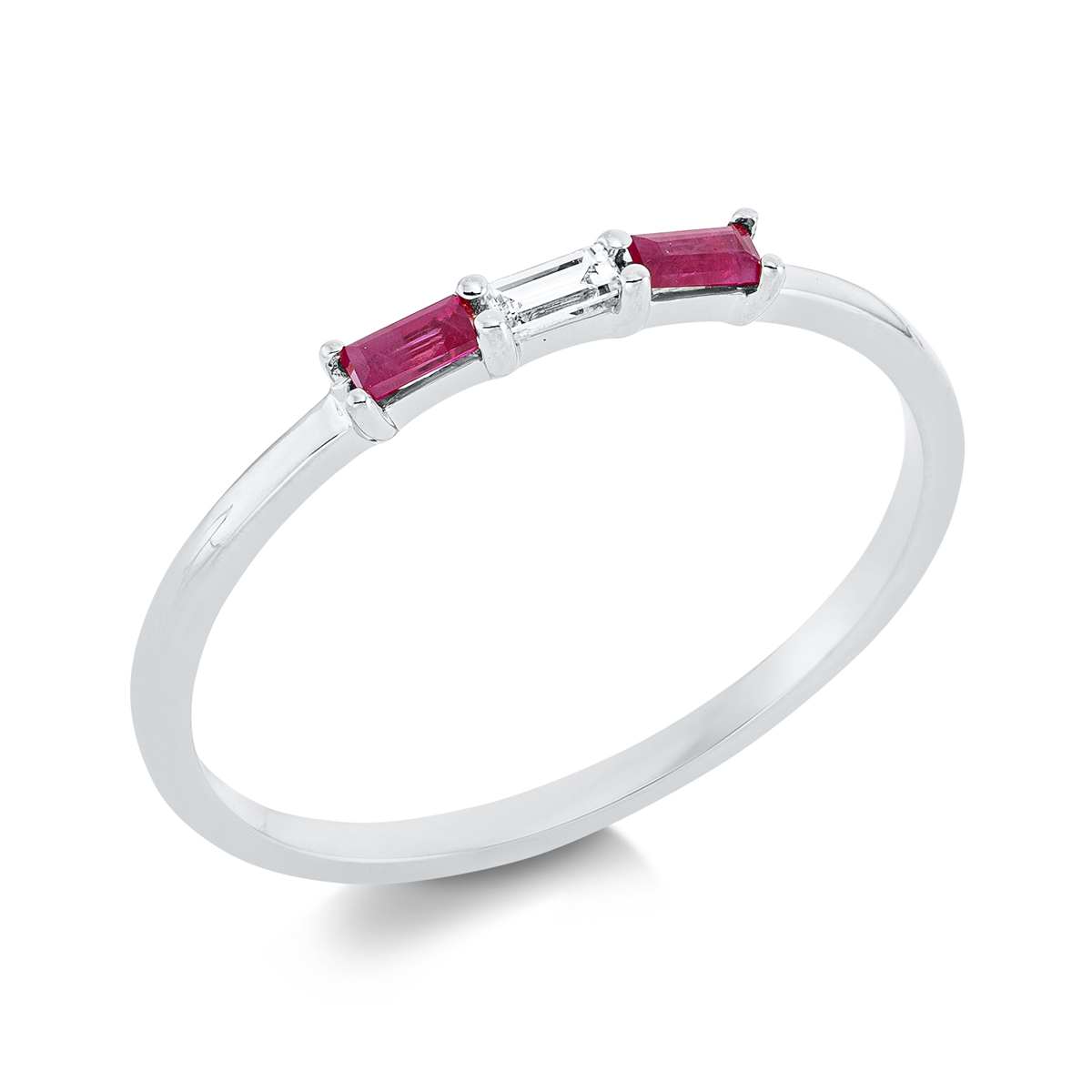 baguette ruby colored stone classic ring in white gold