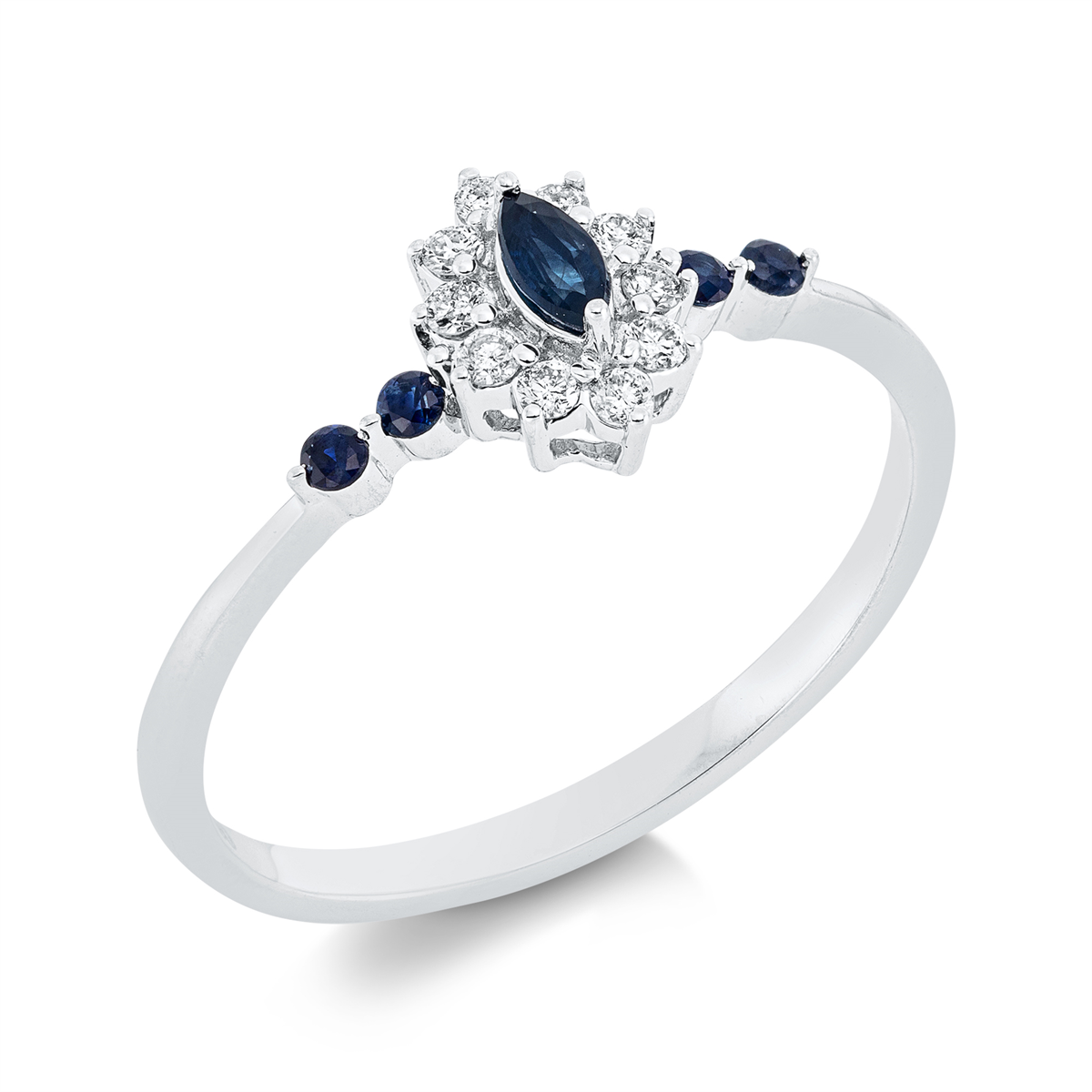 diamond full cut sapphire colored stone classic ring in white gold