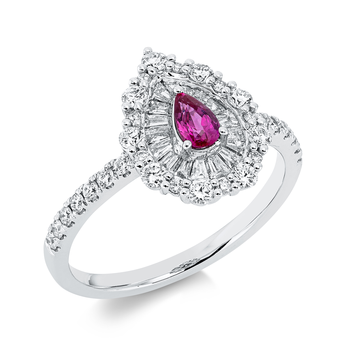diamond full cut ruby colored stone classic ring in white gold