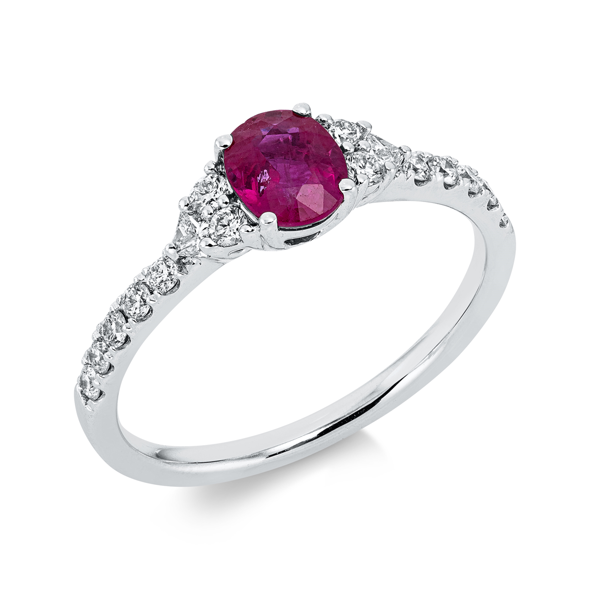 diamond full cut ruby colored stone classic ring in white gold