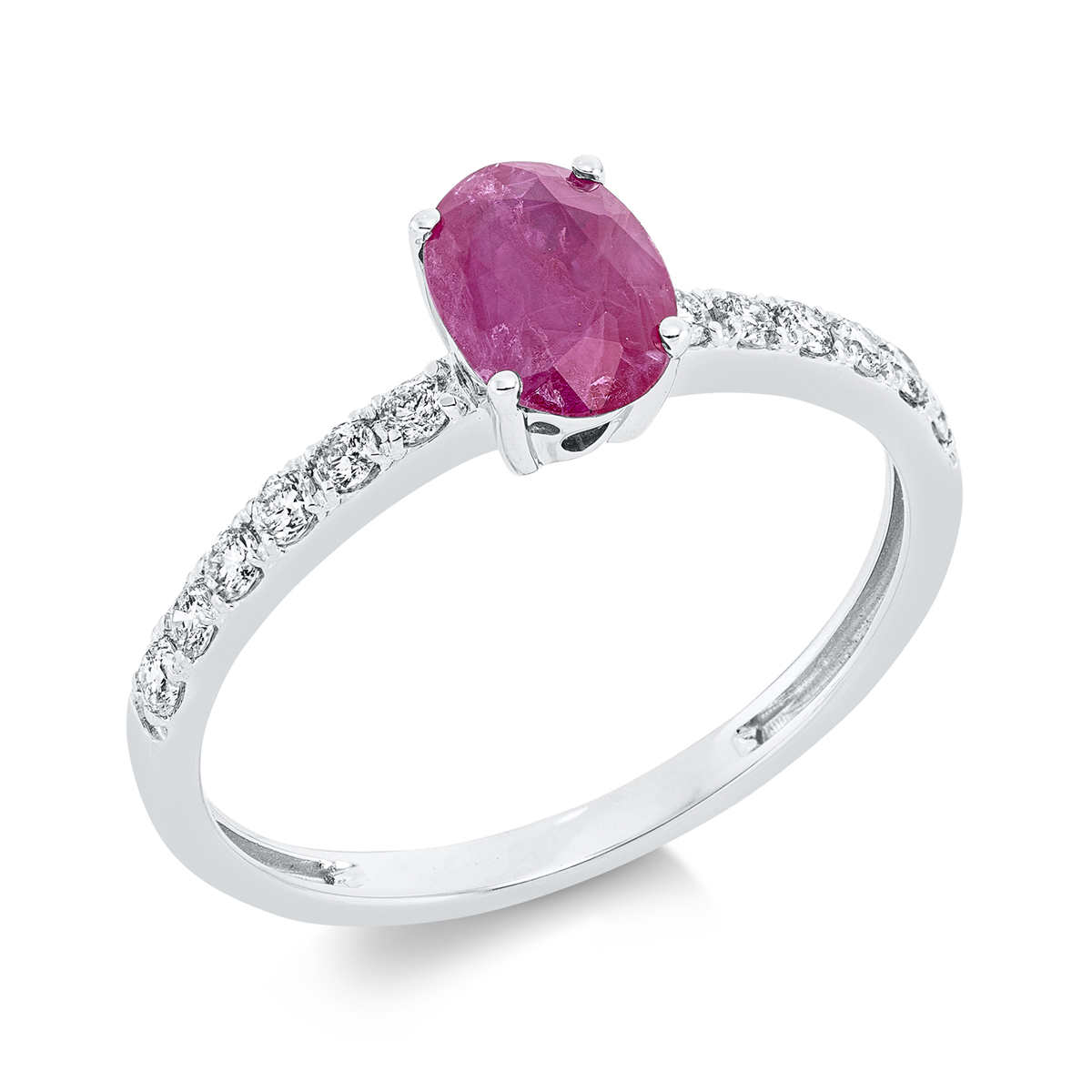 diamond full cut ruby colored stone classic ring in white gold
