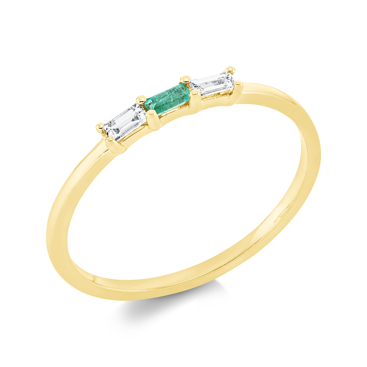baguette emerald colored stone classic ring in yellow gold
