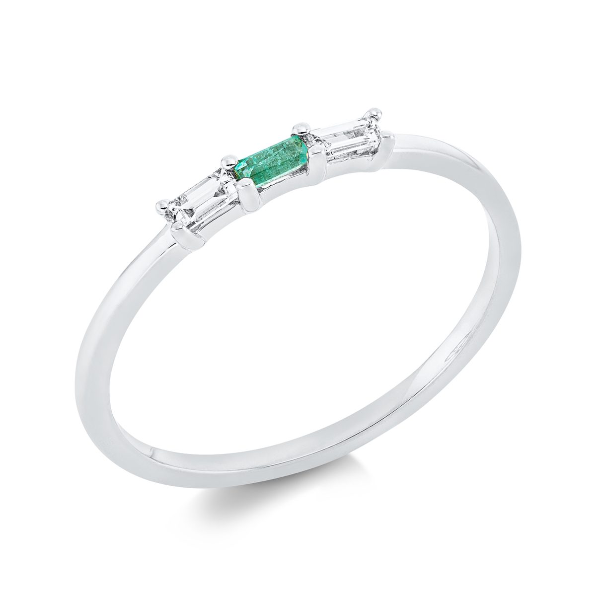 baguette emerald colored stone classic ring in white gold