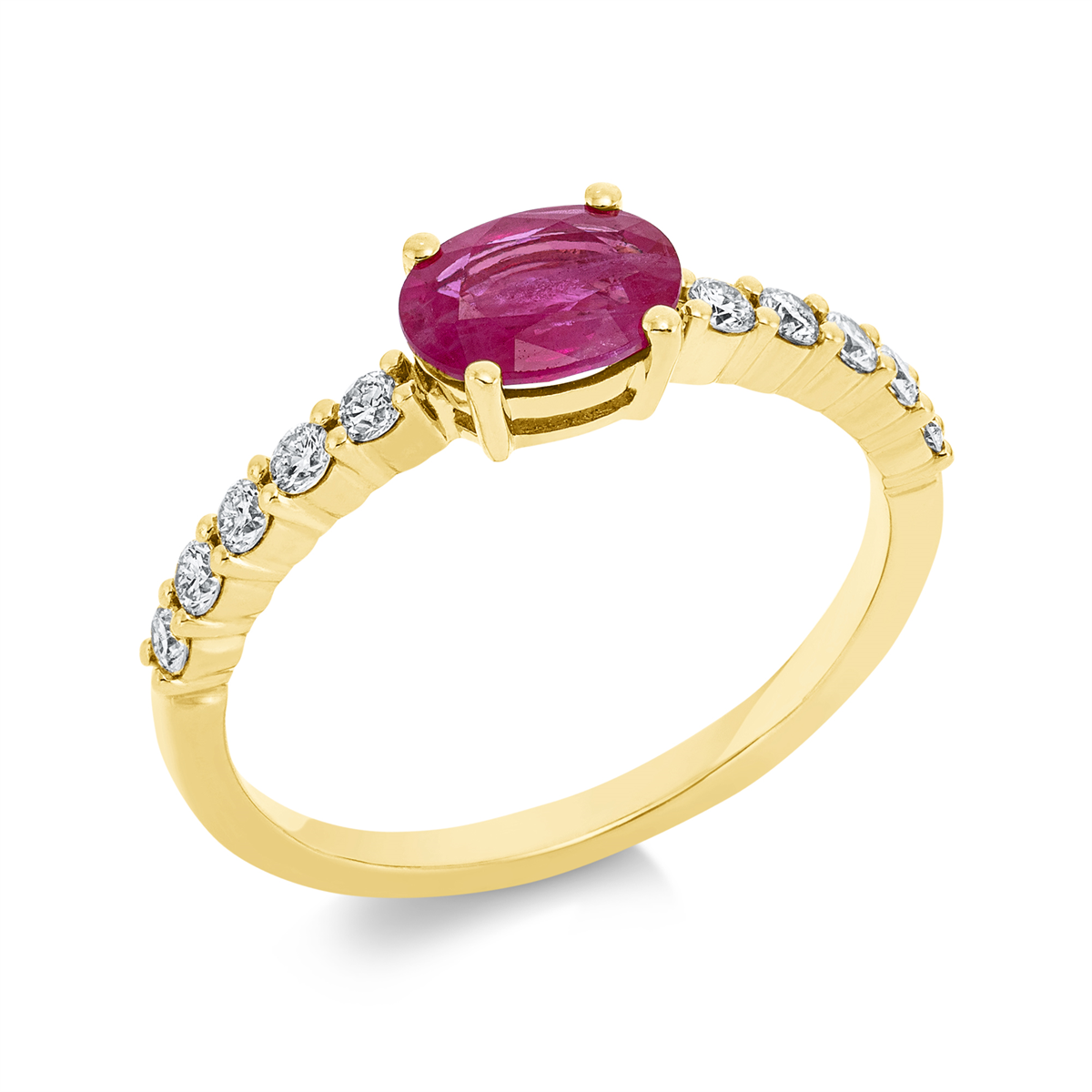 diamond full cut ruby colored stone classic ring in yellow gold