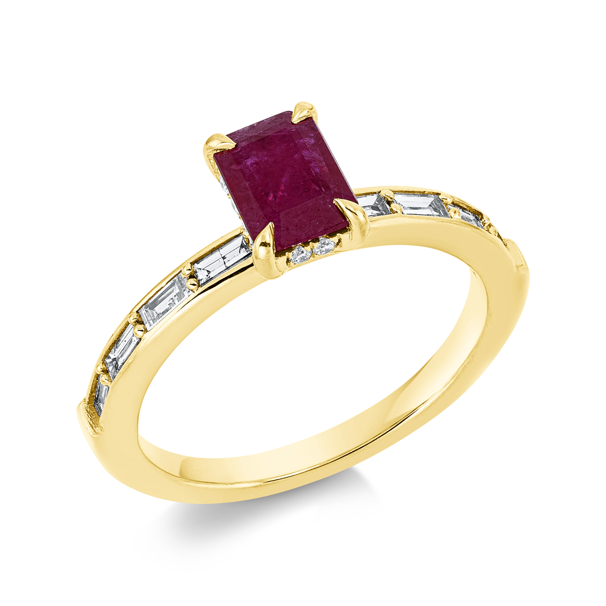 diamond full cut ruby colored stone classic ring in yellow gold
