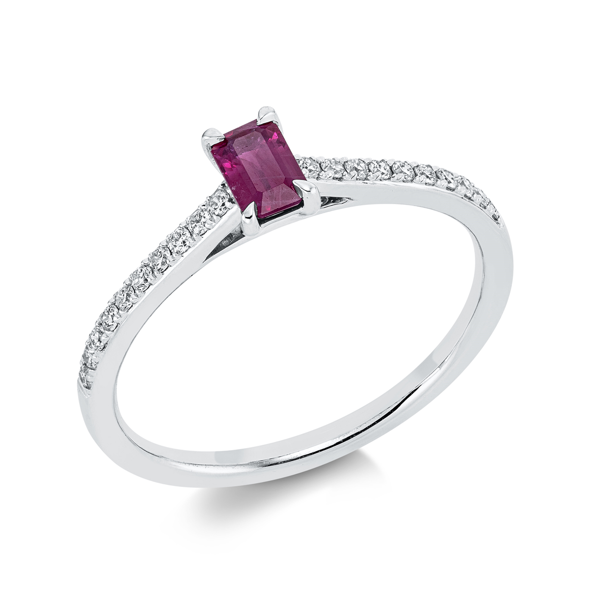 diamond full cut ruby colored stone classic ring in white gold