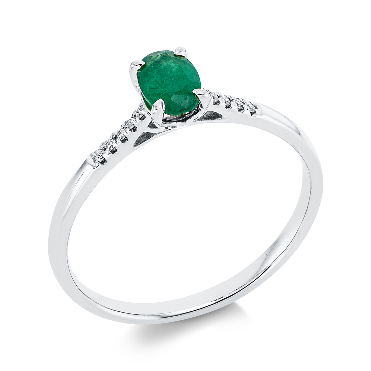diamond full cut emerald colored stone classic ring in white gold