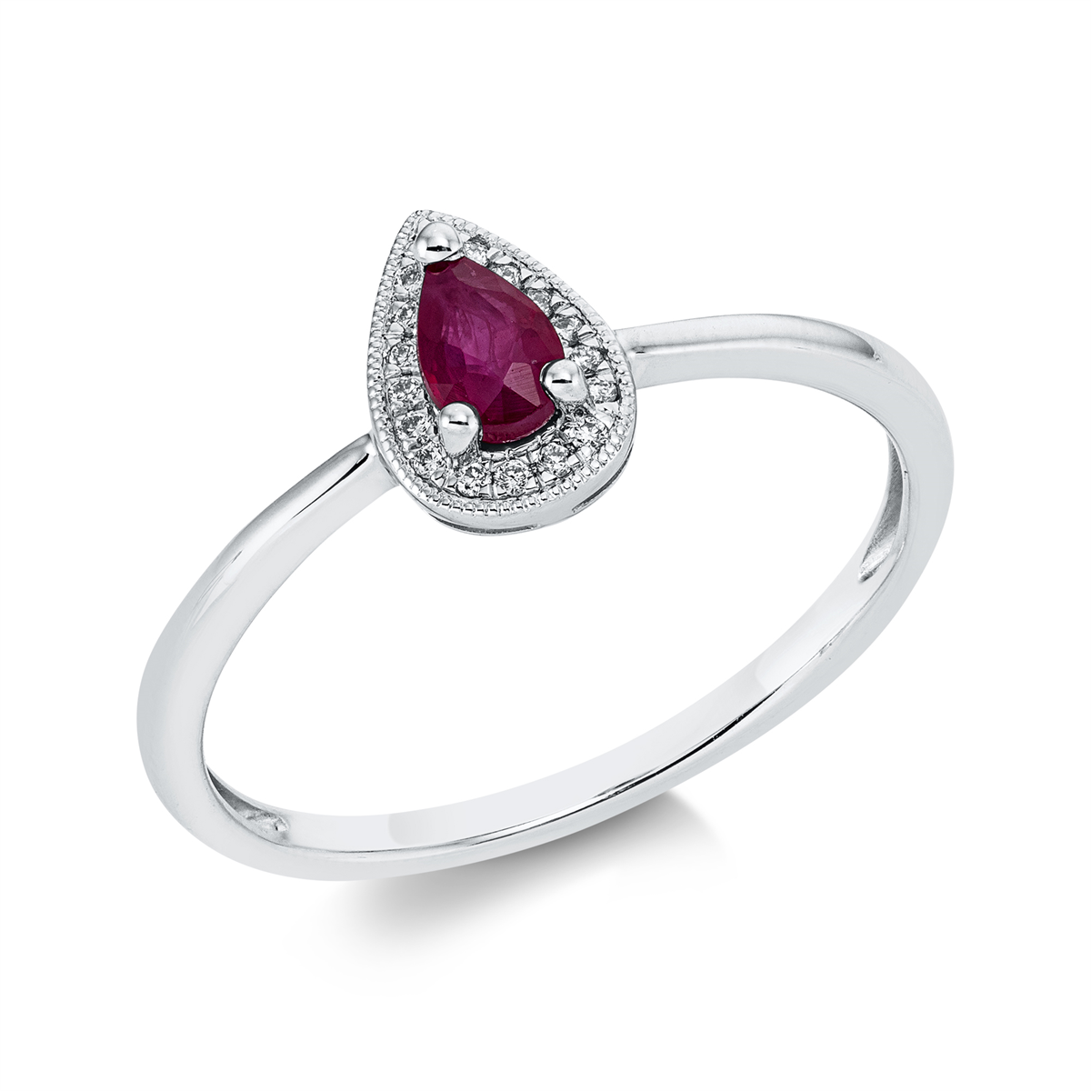 diamond full cut ruby colored stone classic ring in white gold