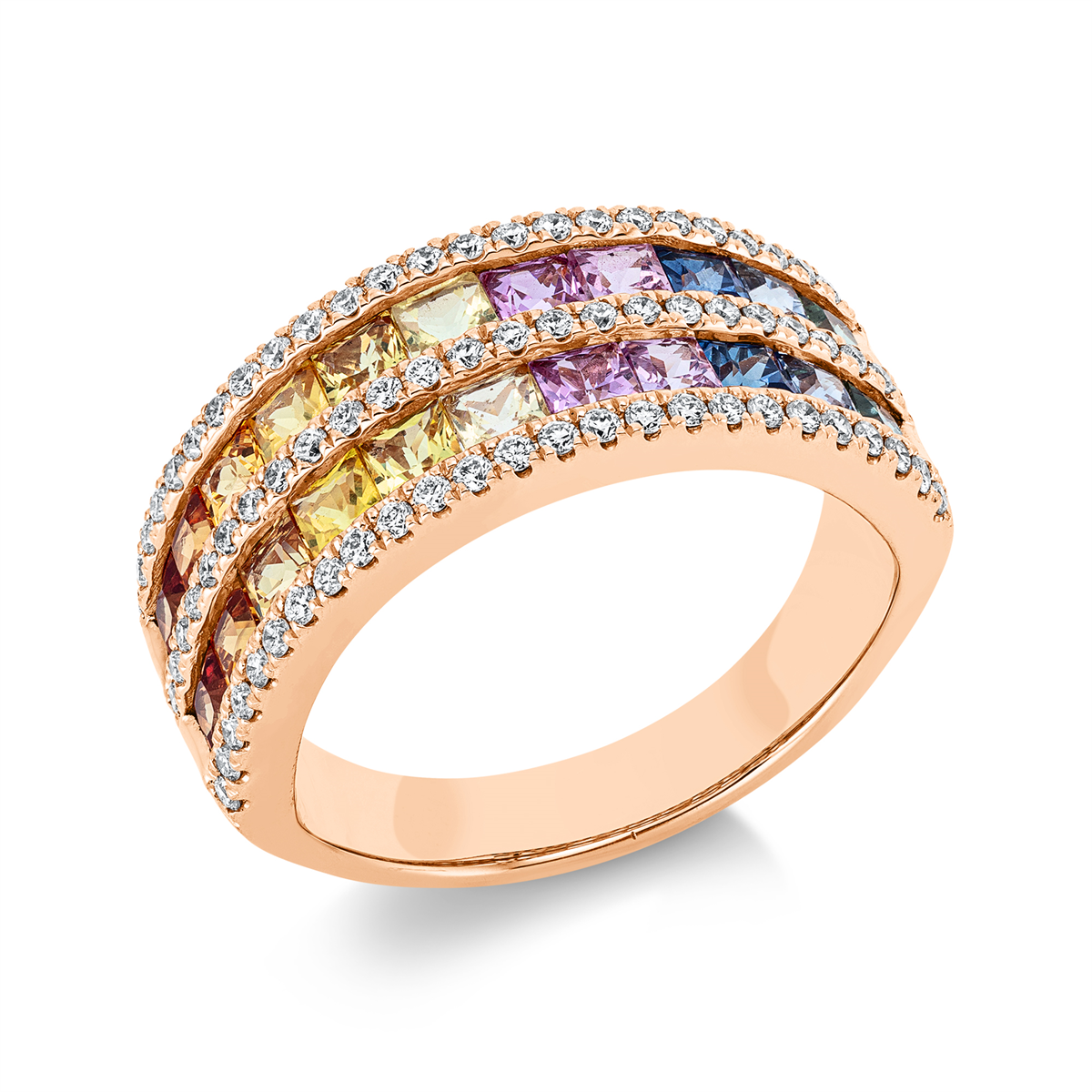 diamond full cut sapphire rainbow & multicolor ring in red gold