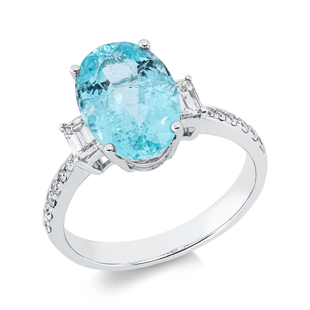 diamond full cut paraiba colored stone classic ring in white gold