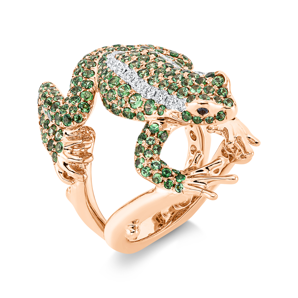 diamond full cut tsavorite animal ring in red gold / white gold