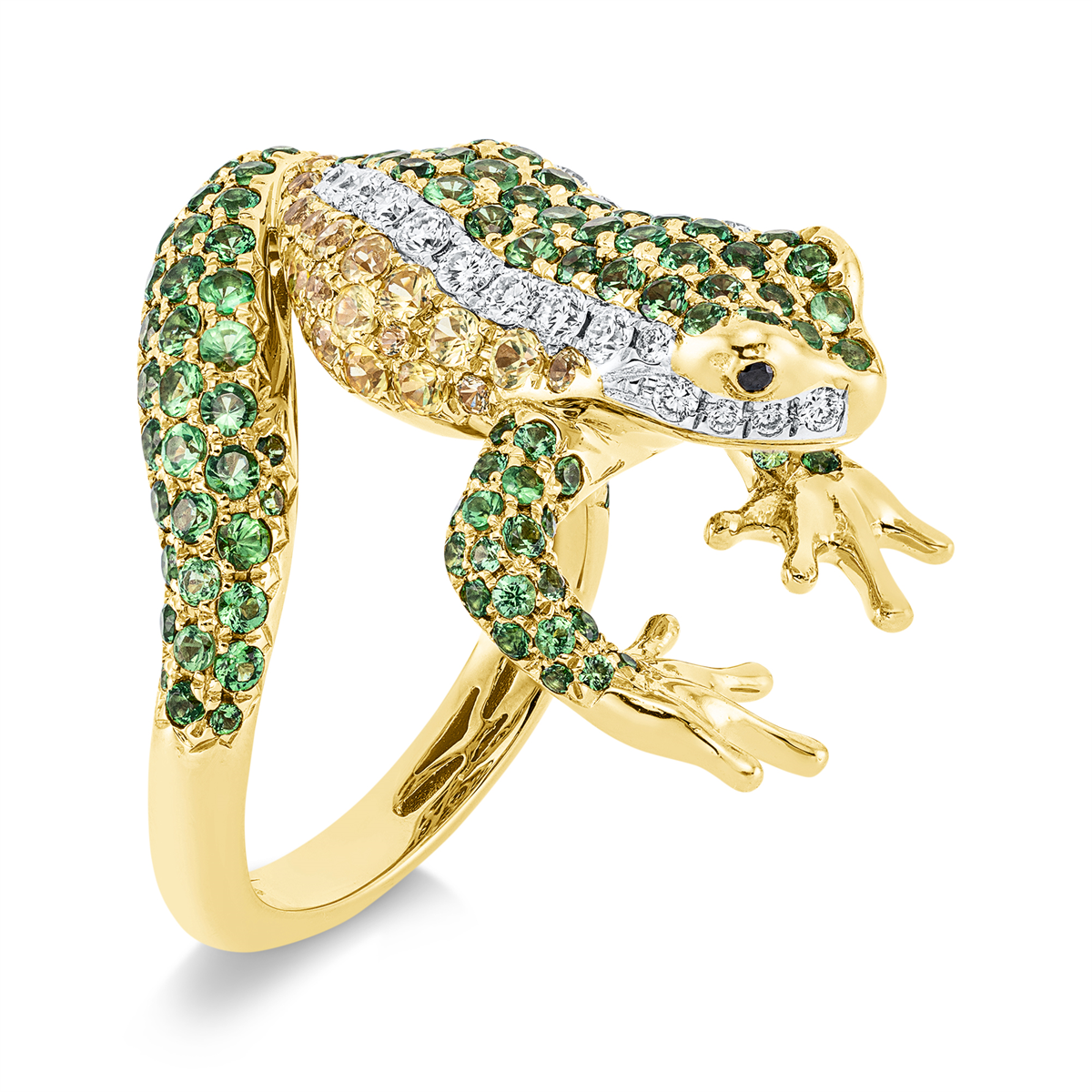 diamond full cut tsavorite animal ring in yellow gold / white gold