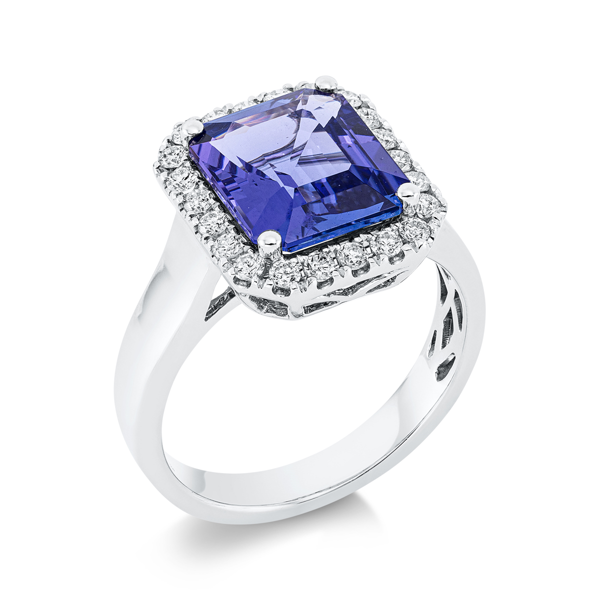 diamond full cut tanzanite colored stone classic ring in white gold