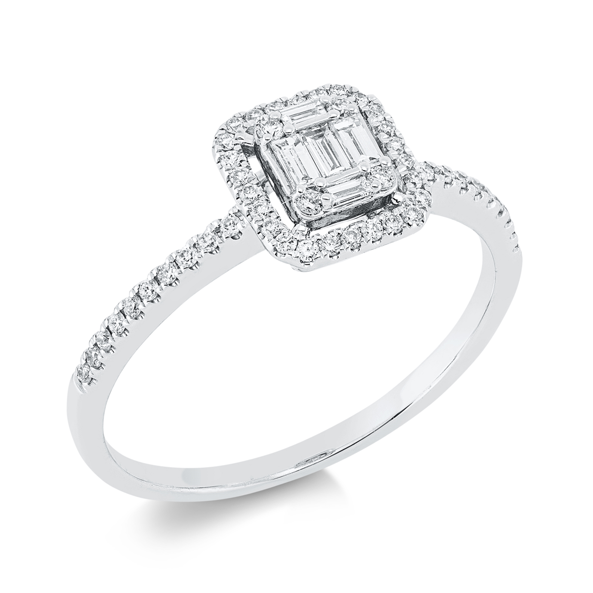 diamond full cut baguette illusion ring in white gold