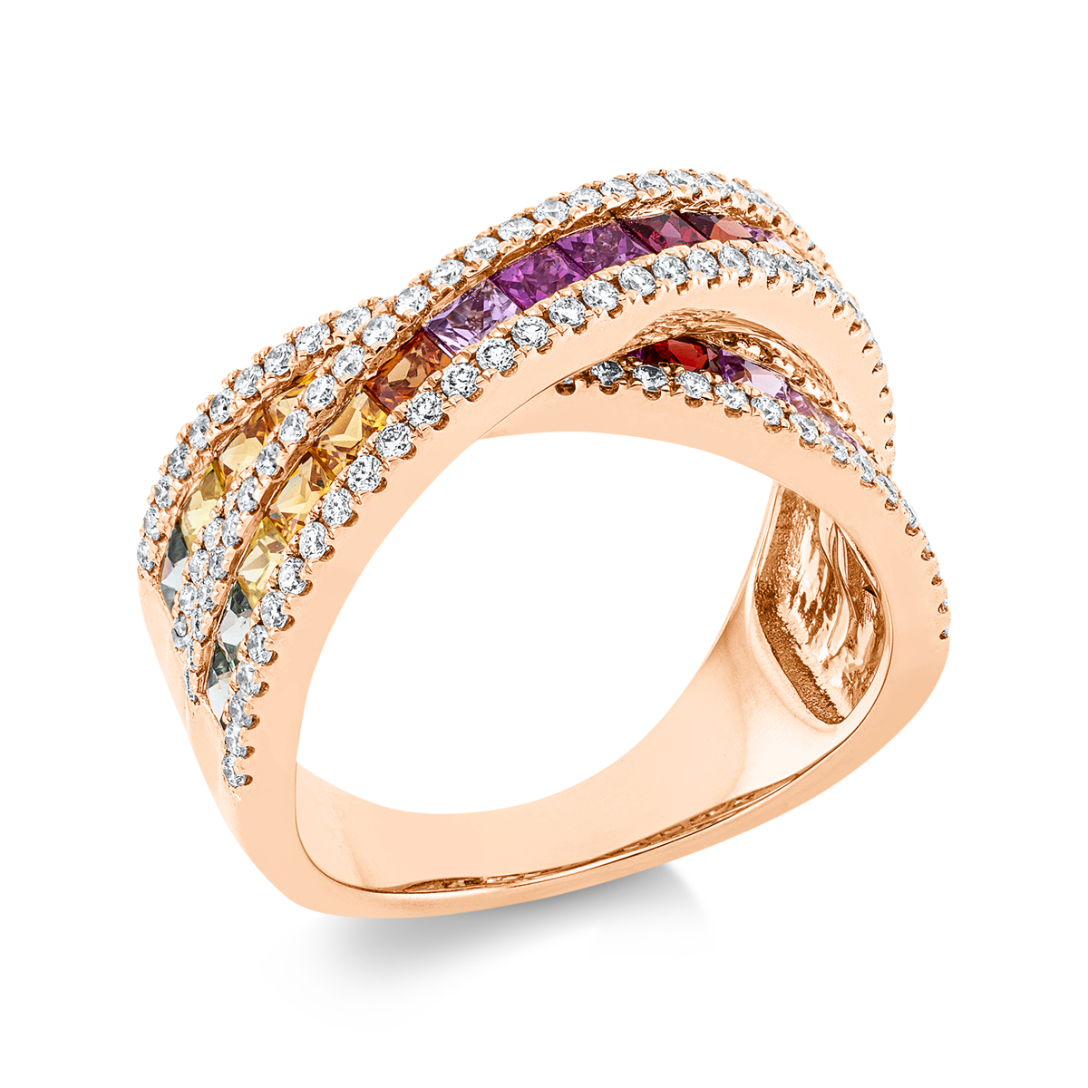 diamond full cut sapphire rainbow & multicolor ring in red gold
