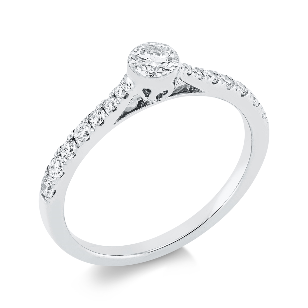 diamond full cut solitaire with accent stones ring in white gold