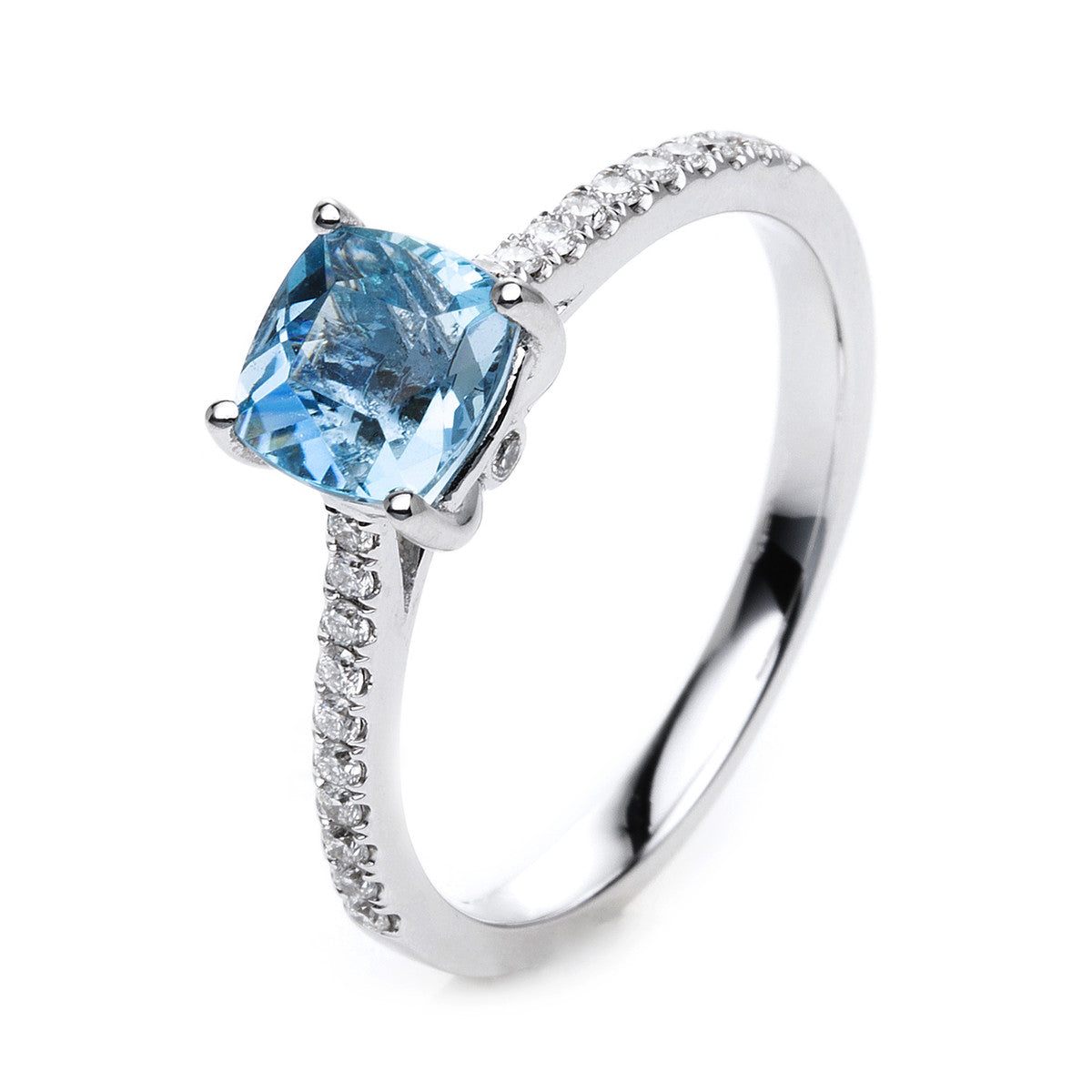 diamond full cut aquamarine colored stone classic ring in white gold