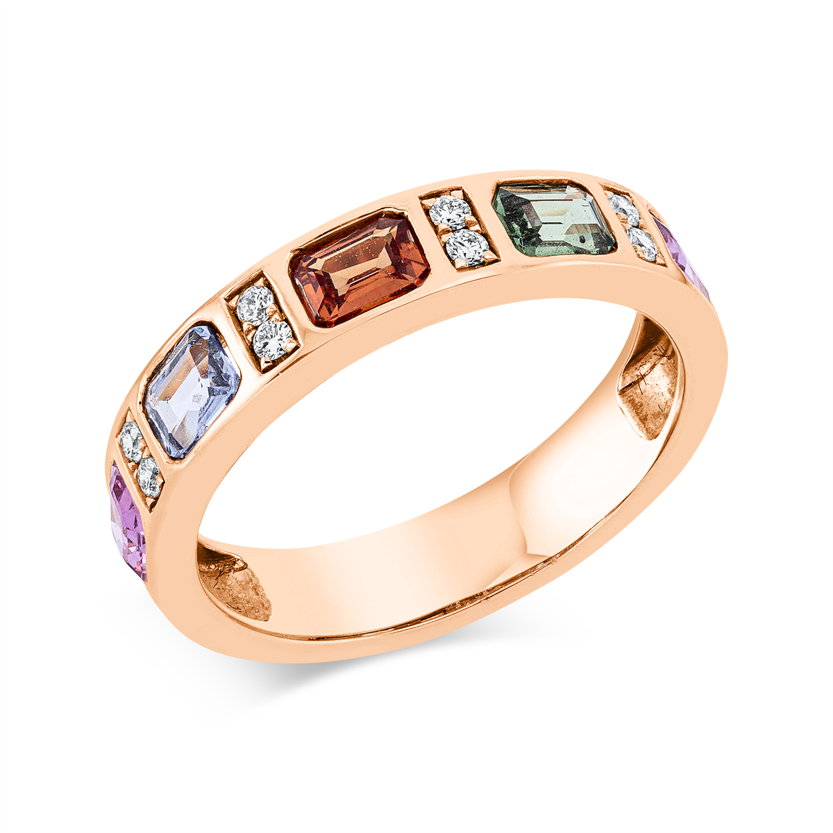 diamond full cut sapphire rainbow & multicolor ring in red gold