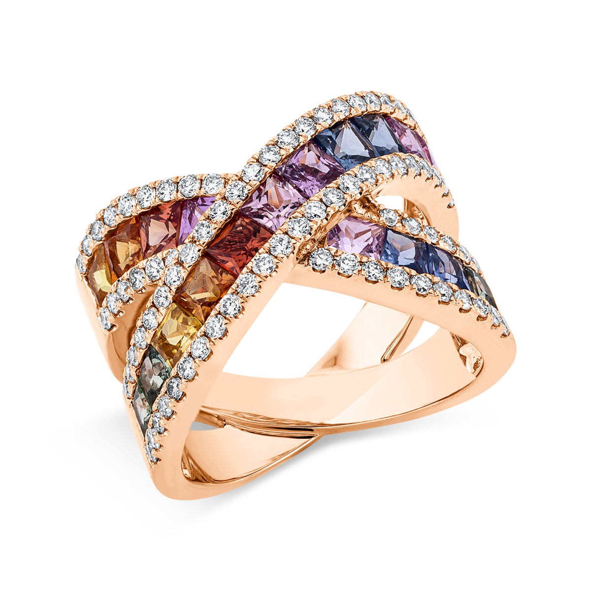 diamond full cut sapphire rainbow & multicolor ring in red gold