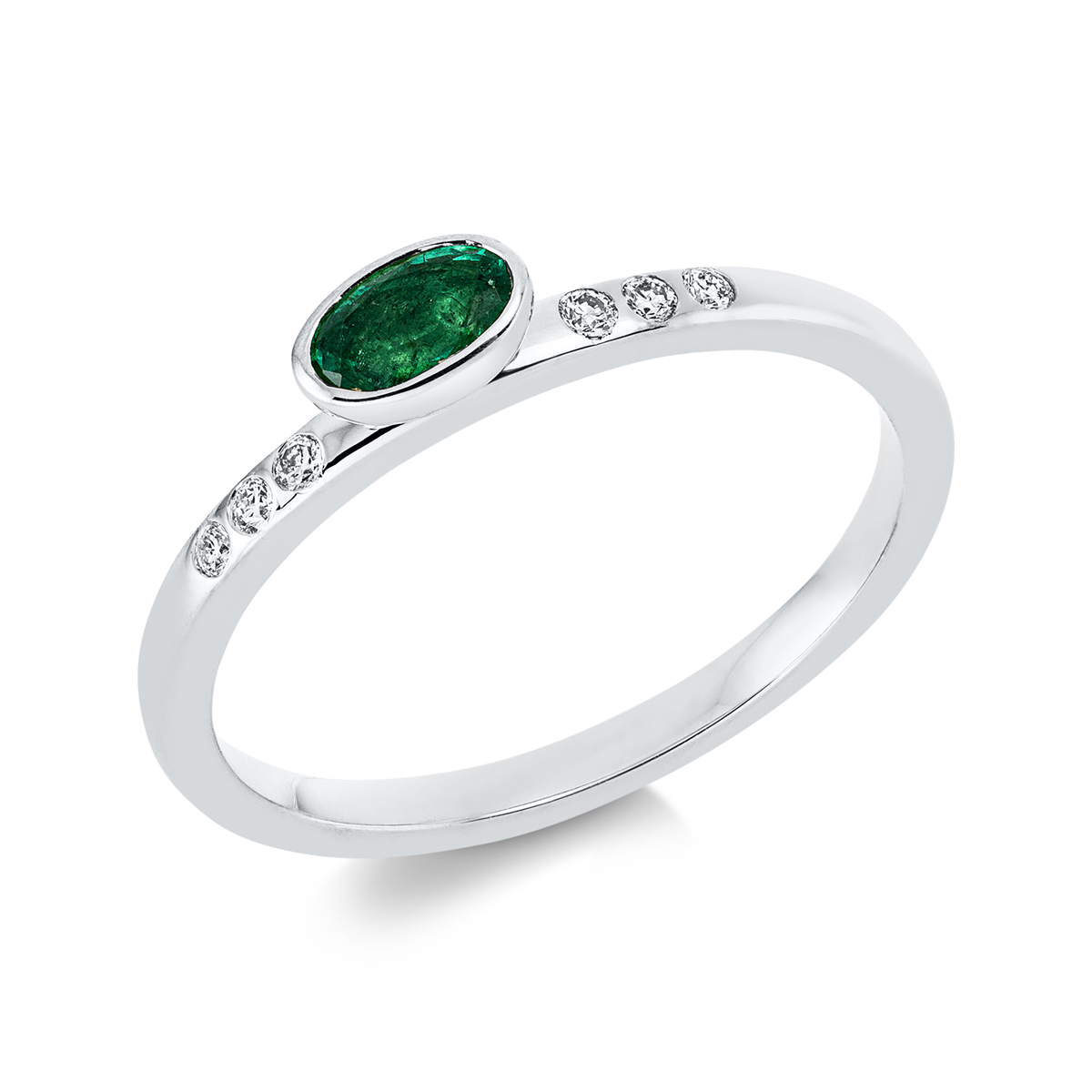 diamond full cut emerald colored stone classic ring in white gold