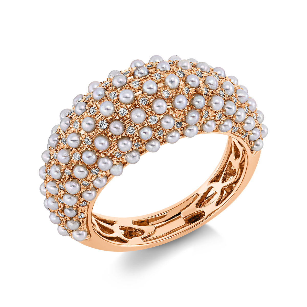 diamond full cut pearl ring in red gold