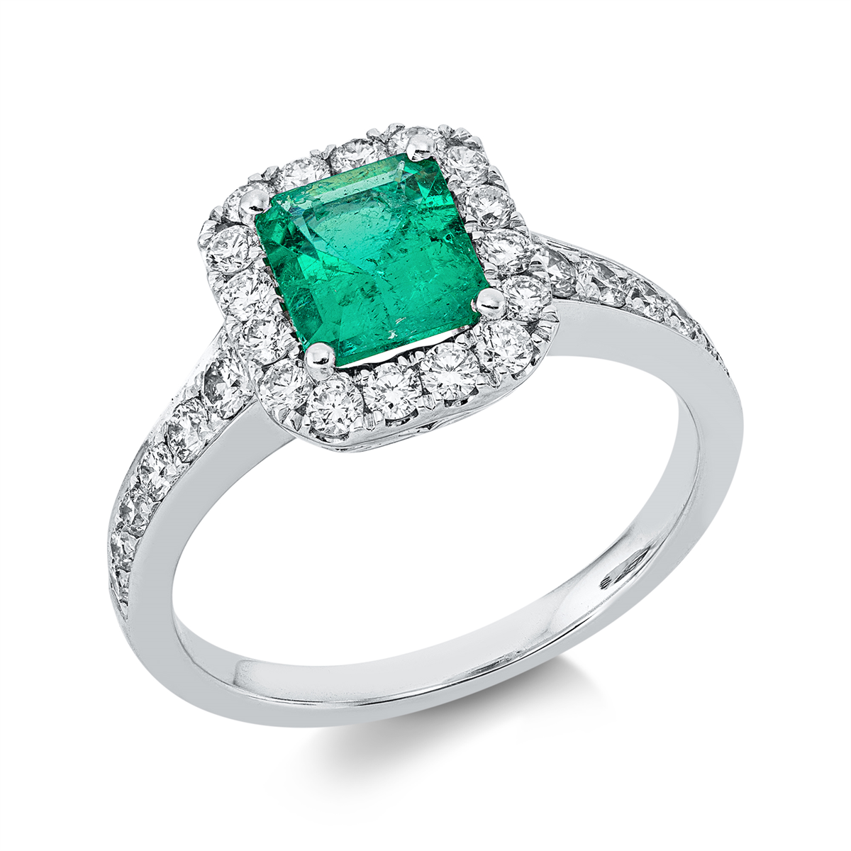 diamond full cut emerald colored stone classic ring in white gold