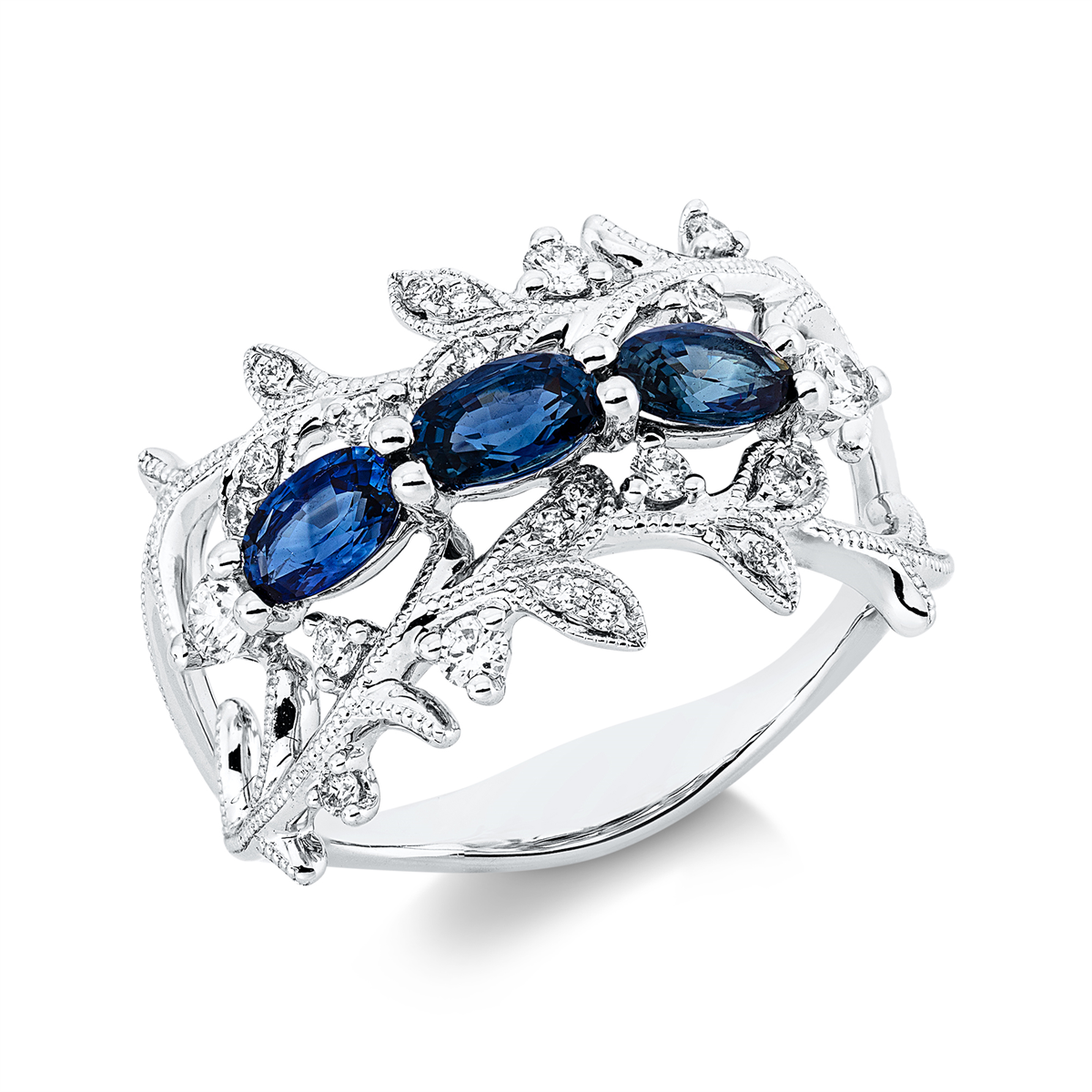 diamond full cut sapphire colored stone classic ring in white gold