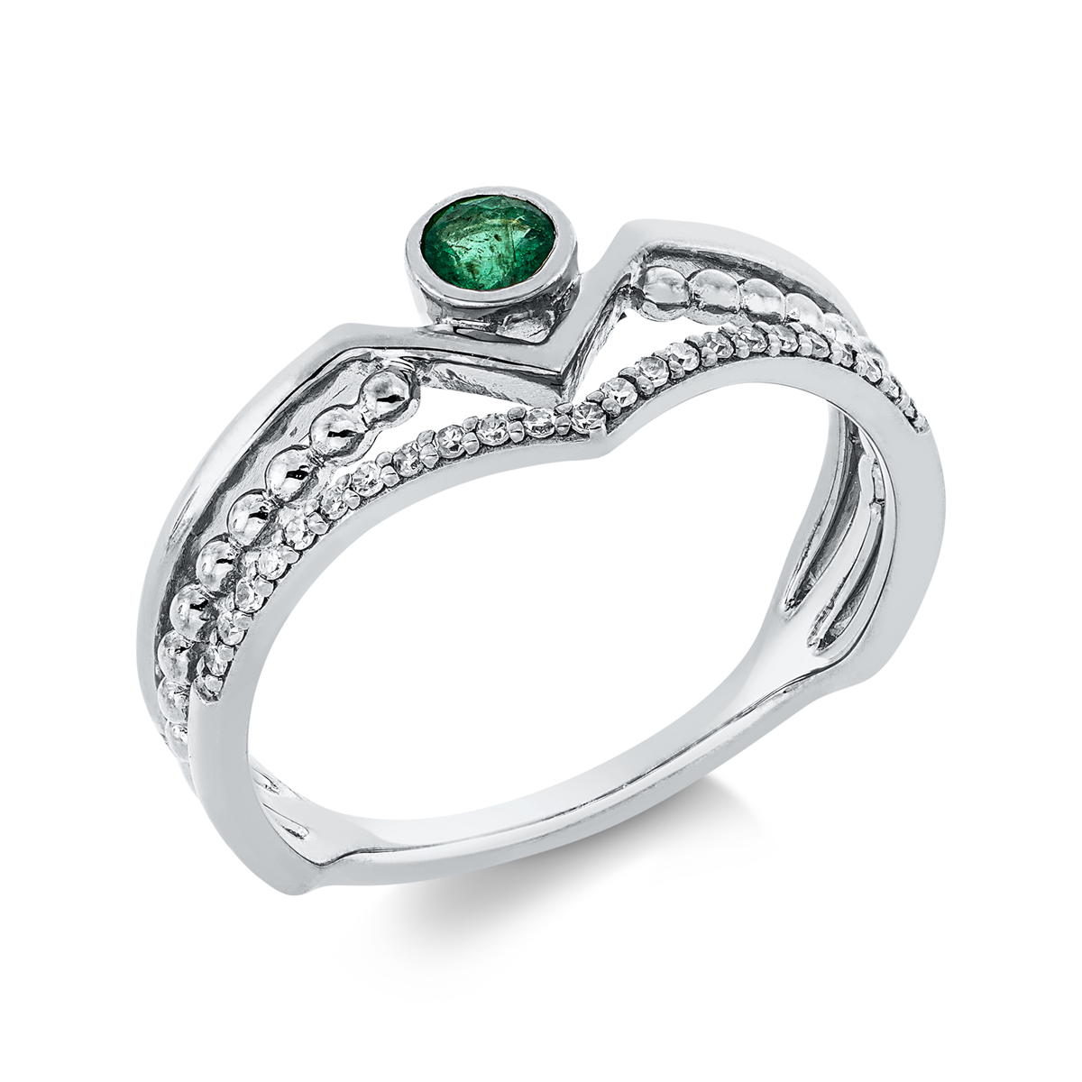 diamond single cut emerald colored stone classic ring in white gold