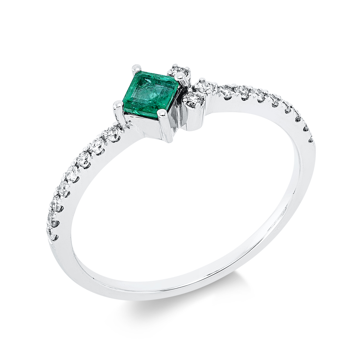 diamond full cut emerald colored stone classic ring in white gold