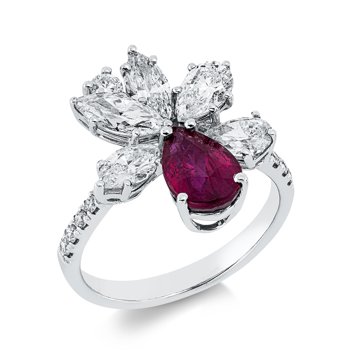 diamond full cut ruby colored stone classic ring in white gold