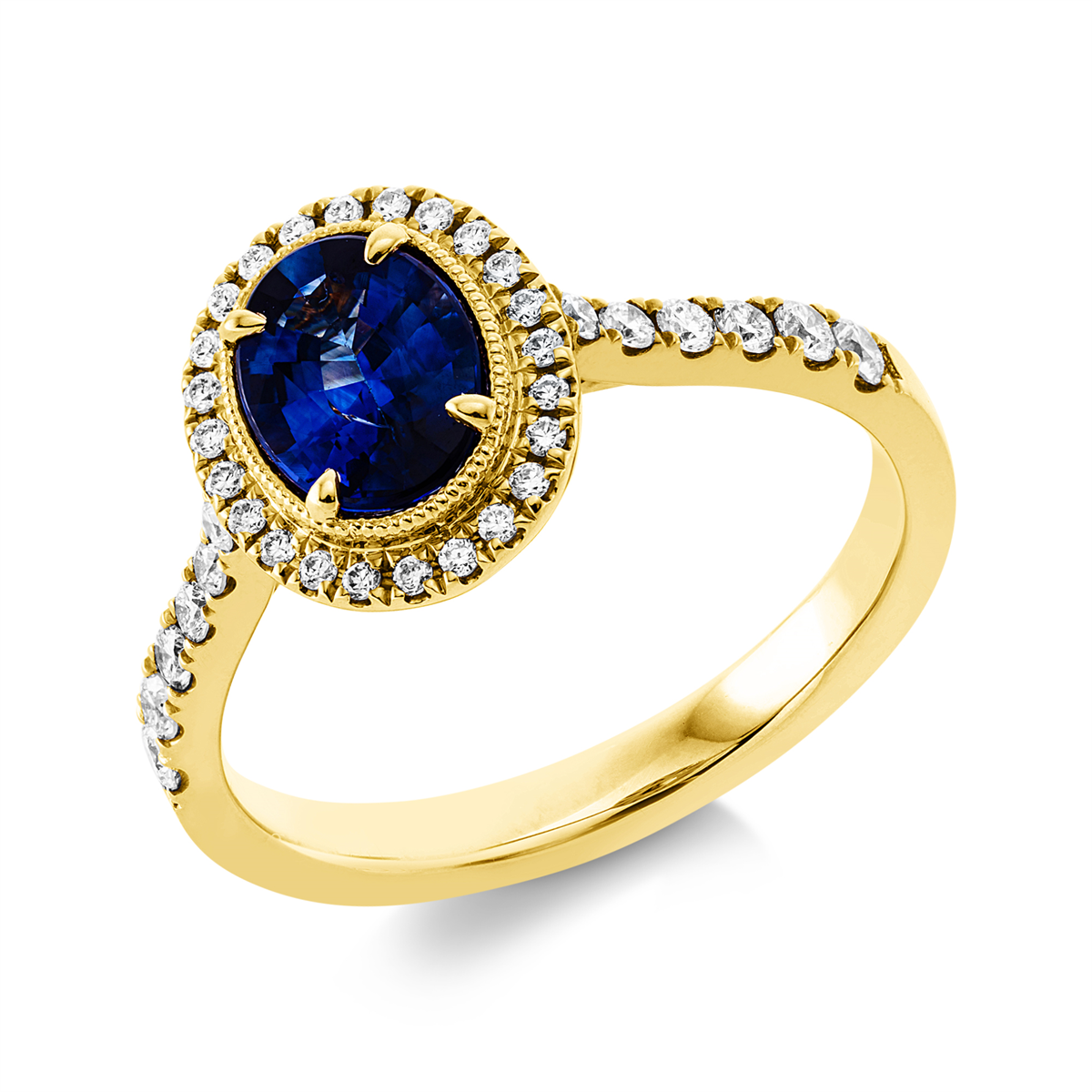 diamond full cut sapphire colored stone classic ring in yellow gold