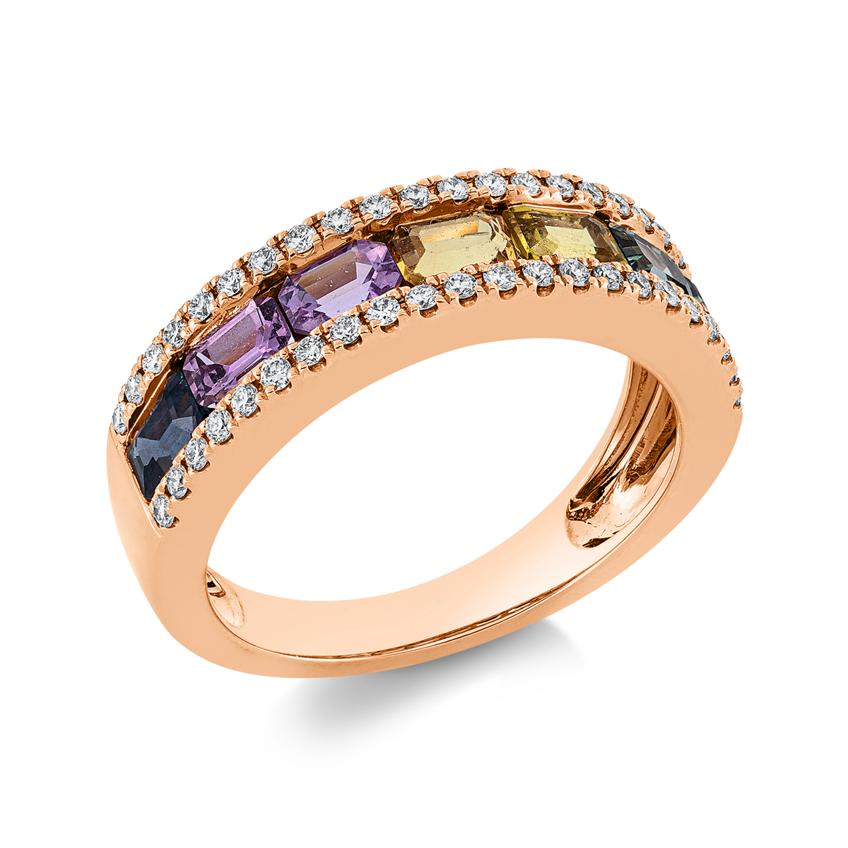 diamond full cut sapphire rainbow & multicolor ring in red gold