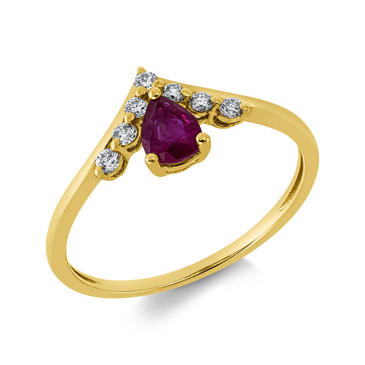 diamond full cut ruby colored stone classic ring in yellow gold
