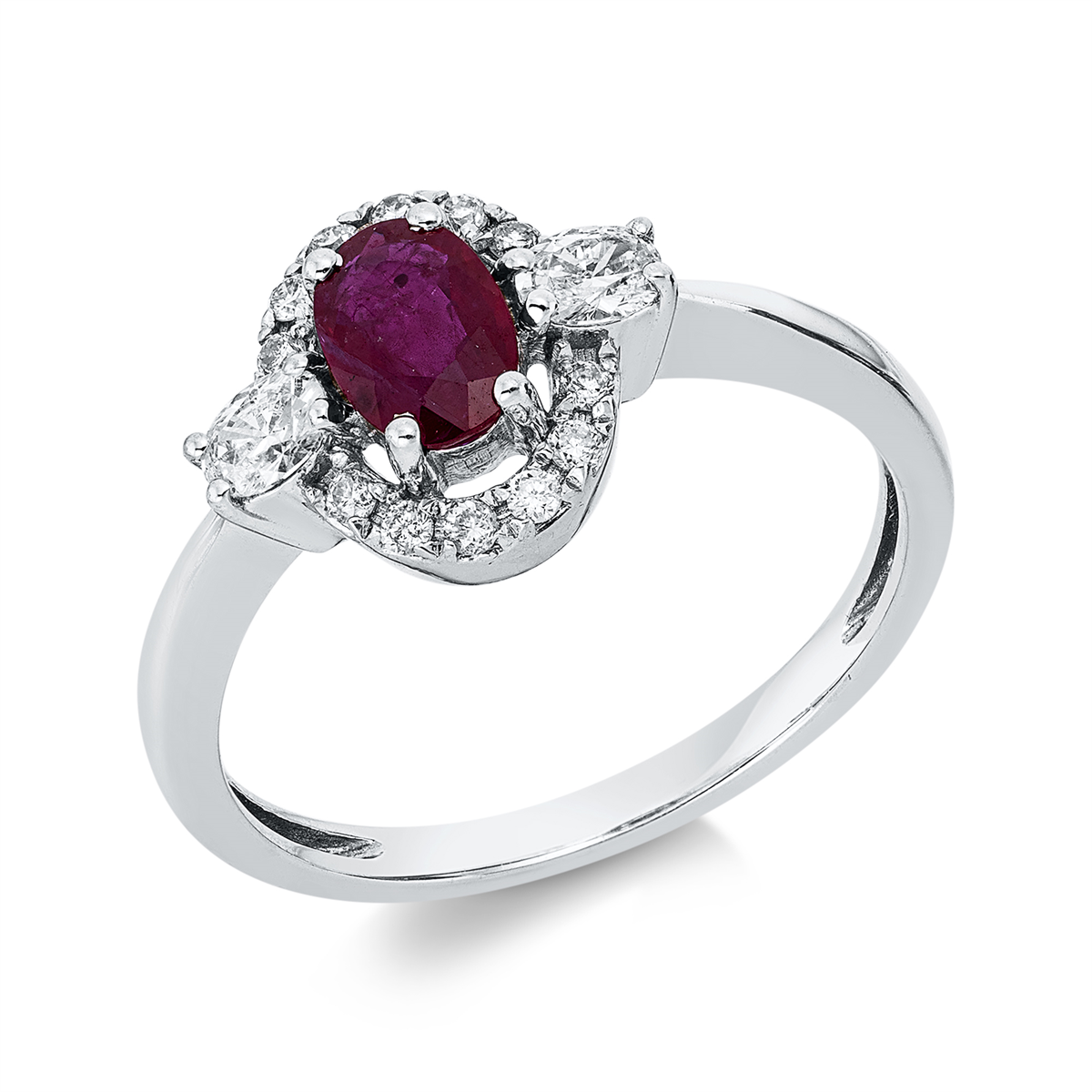 diamond full cut ruby colored stone classic ring in white gold