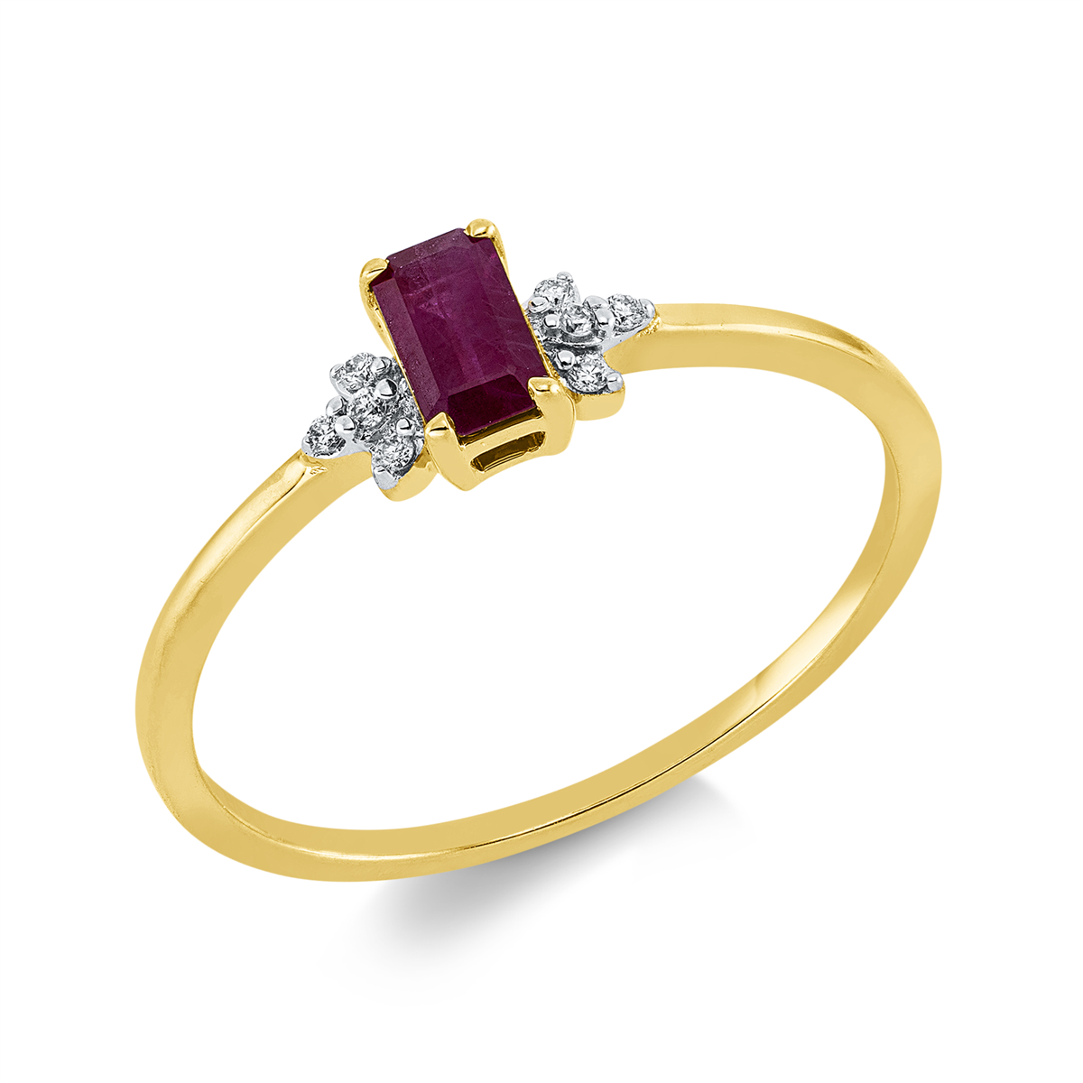 diamond full cut ruby colored stone classic ring in yellow gold