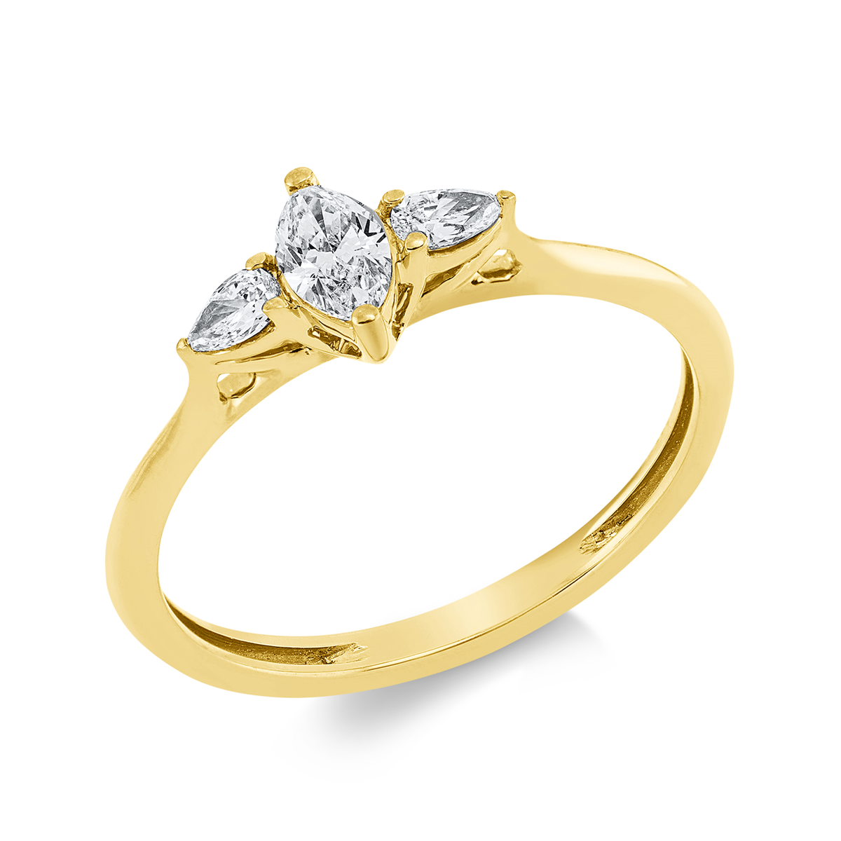pear shape solitaire with accent stones ring in yellow gold