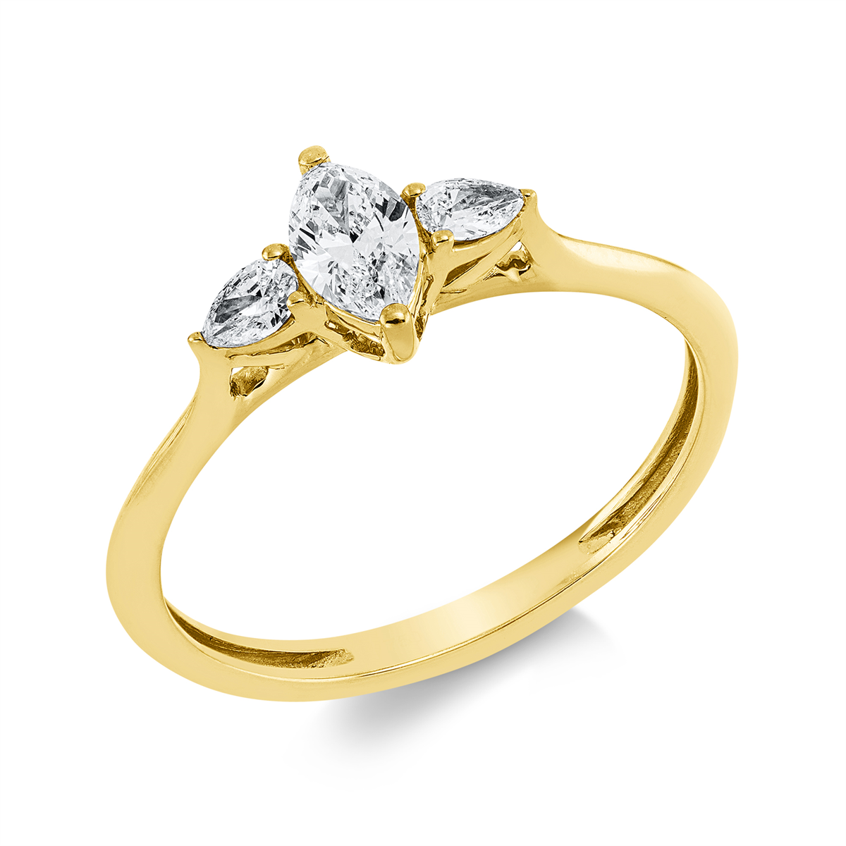 pear shape solitaire with accent stones ring in yellow gold