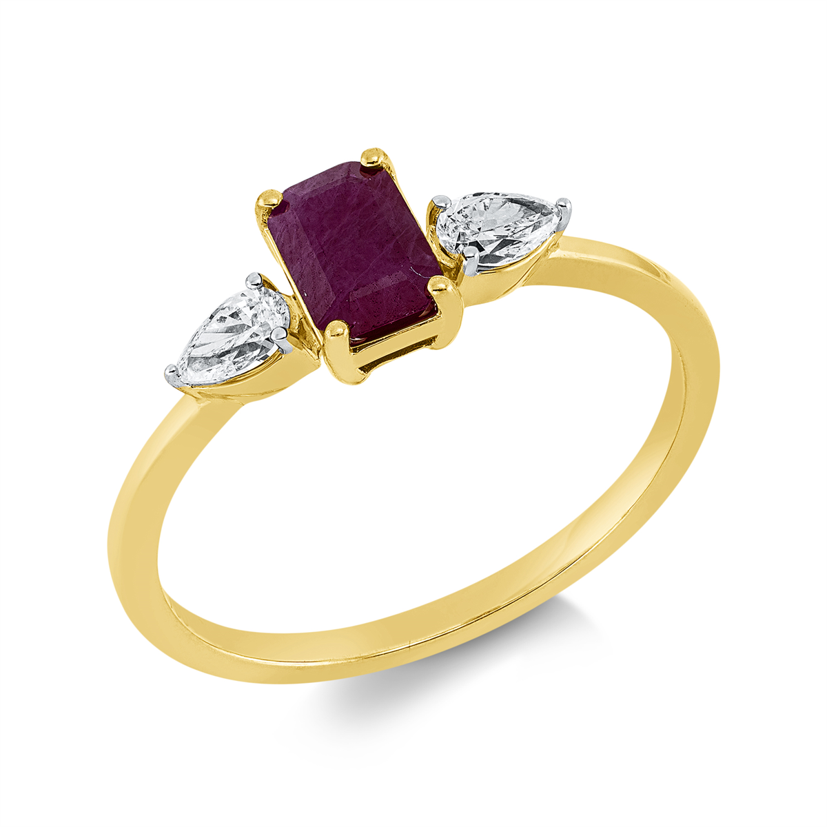 pear shape ruby colored stone classic ring in yellow gold