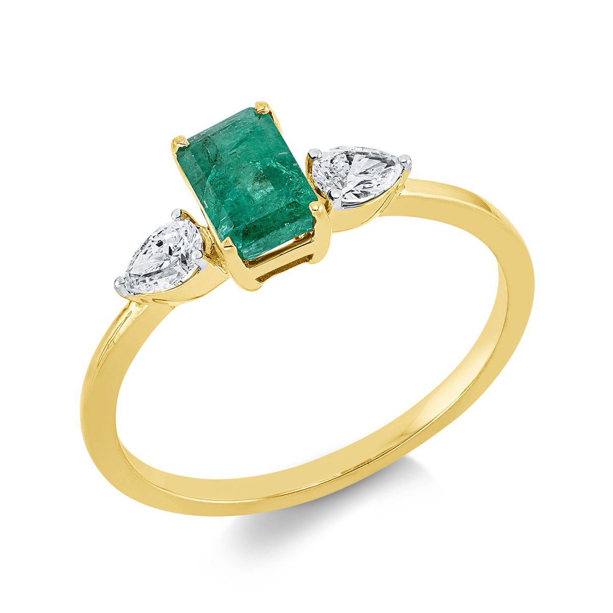 pear shape emerald colored stone classic ring in yellow gold